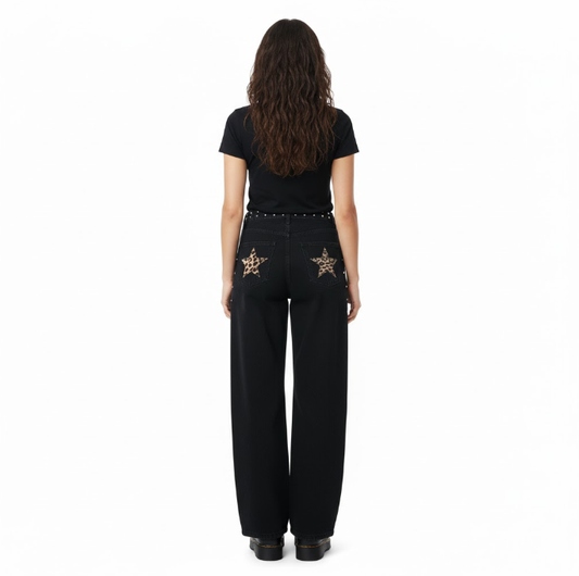 STUDDED LEOPARD STAR WIDE-LEG JEANS - MONARCA London