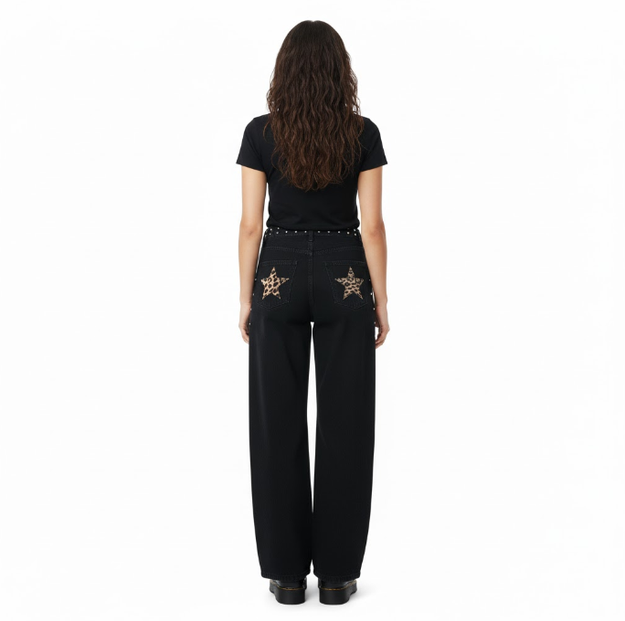STUDDED LEOPARD STAR WIDE-LEG JEANS - MONARCA London